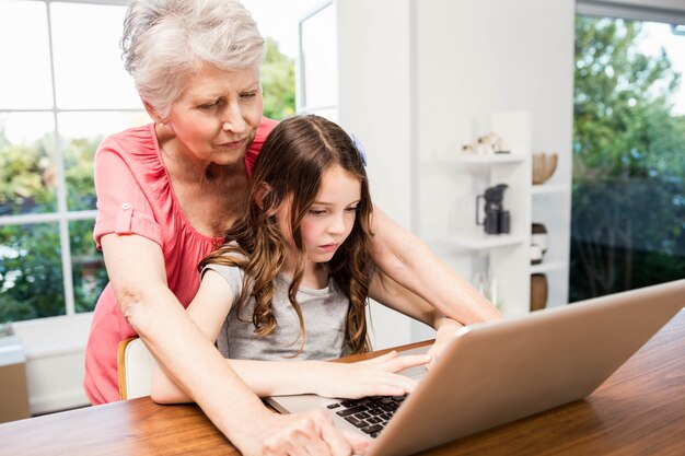 Retrato de sonriente abuela y nieta usando laptop en casa