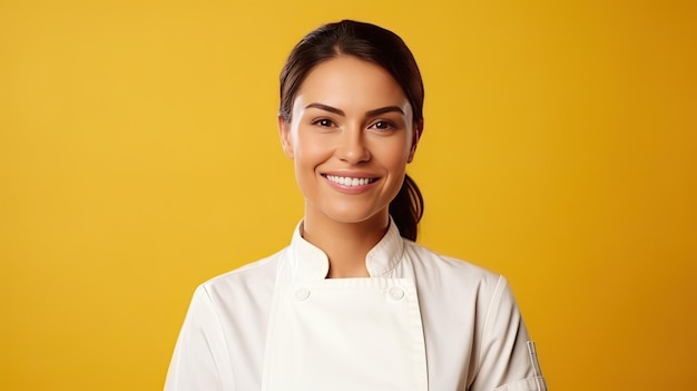 Retrato sonriente de chef femenina sobre fondo amarillo con banner y espacio