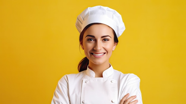 Retrato sonriente de chef femenina sobre fondo amarillo con banner y espacio