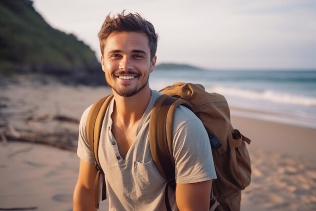 Retrato sonriente y confiado de un joven mochilero relajado en la playa