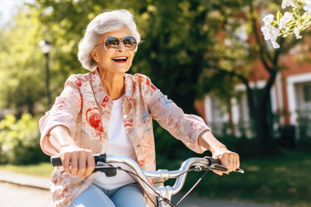 retrato, de, sonriente, hembra mayor, ciclista