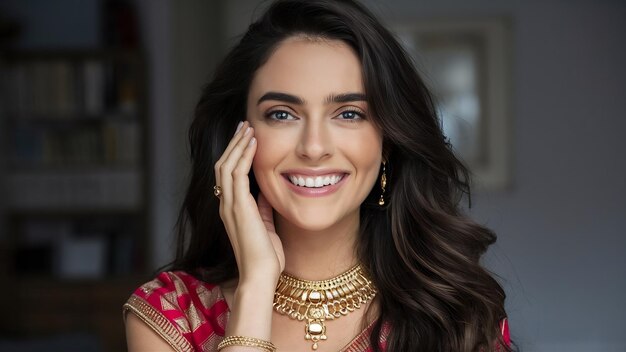 Foto retrato sonriente de una hermosa chica india en casa modelo de mujer joven con un conjunto de joyas de oro