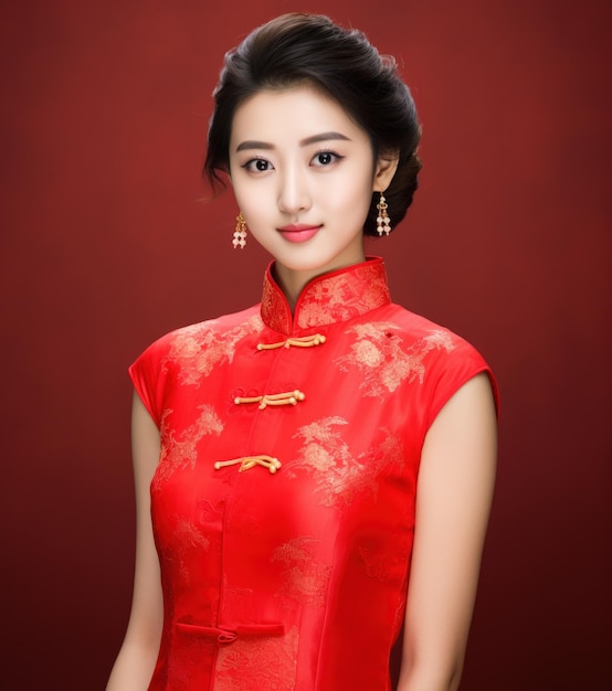 Retrato sonriente hermosa joven china con vestido rojo tradicional aislado sobre fondo rojo