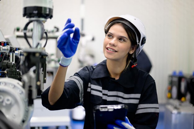 Retrato sonriente de una ingeniera técnica revisando y reparando una máquina automática