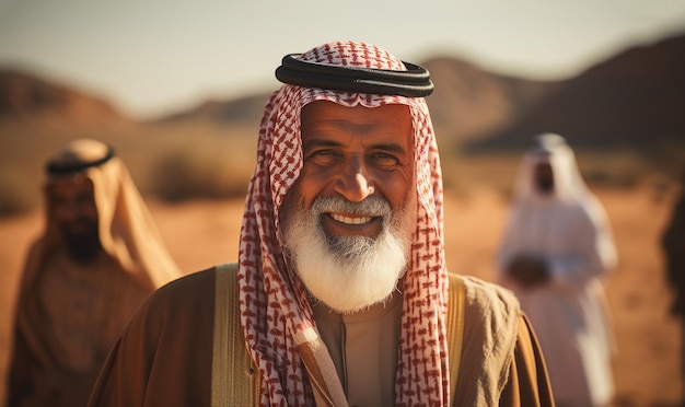 Retrato sonriente del jeque árabe del petróleo con el desierto borroso en el fondo