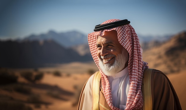 Retrato sonriente del jeque árabe del petróleo con el desierto borroso en el fondo