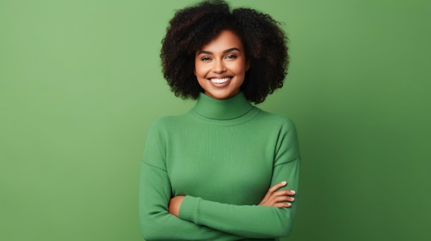 retrato, de, un, sonriente, joven, mujer africana, llevando, suéter, posición, aislado, encima, fondo verde