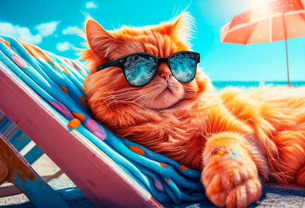 Retrato sonriente lindo gato rojo con gafas de sol yace en una tumbona en la playa bajo el sol concepto de día de verano de viajes de vacaciones de verano Creado con IA generativa