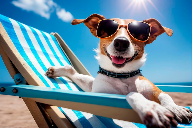 Retrato sonriente lindo perro con gafas de sol se encuentra en una tumbona en la playa bajo el sol concepto de día de verano de viajes de vacaciones de verano Creado con IA generativa