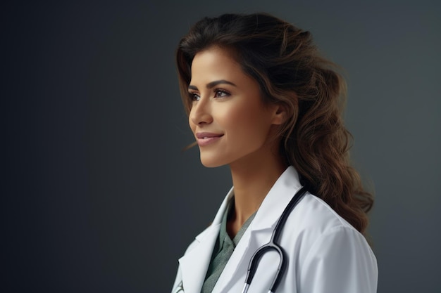 Retrato de una sonriente médico general de pelo castaño con una bata blanca sobre un fondo gris