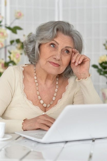 retrato, de, sonriente, mujer mayor, utilizar, computador portatil