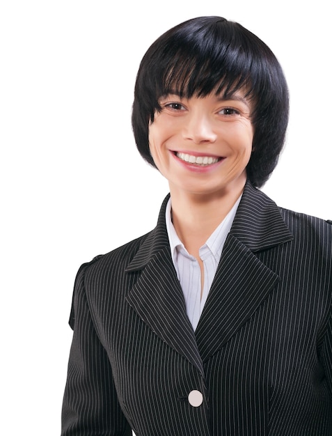 Un retrato sonriente de una mujer de negocios asiática aislado en blanco