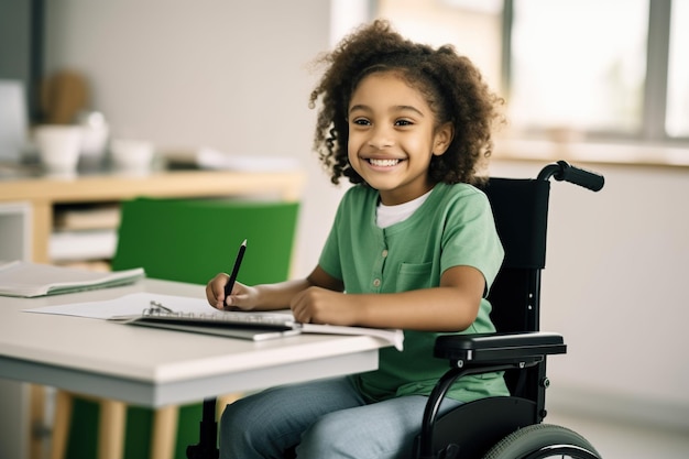 Retrato de una sonriente niña afroamericana de primaria estudiando mientras estaba sentada en una silla de ruedas en el escritorio