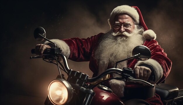 Foto retrato de un sonriente papá noel conduciendo una motocicleta rembrandt luz fotografía de alta calidad ph