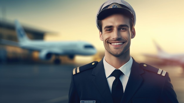 retrato sonriente piloto en el aeropuerto