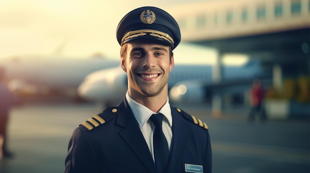 retrato sonriente piloto en el aeropuerto