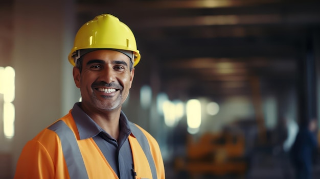 retrato, de, sonriente, profesional, ingeniero, llevando, seguridad, uniforme, y, casco