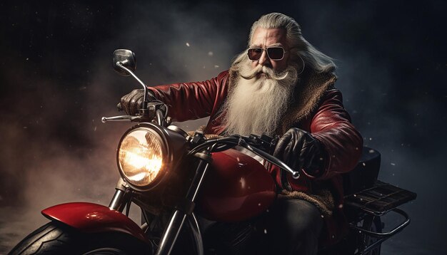 retrato de un sonriente Santa Claus conduciendo una moto Rembrandt luz fotografía de alta calidad Ph
