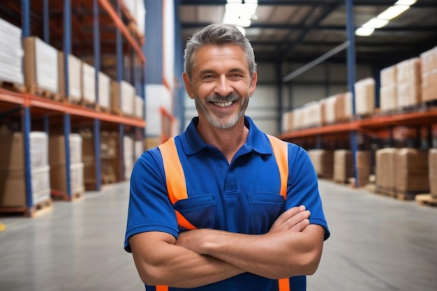 Foto retrato sonriente de un supervisor masculino de pie en el almacén con el brazo cruzado