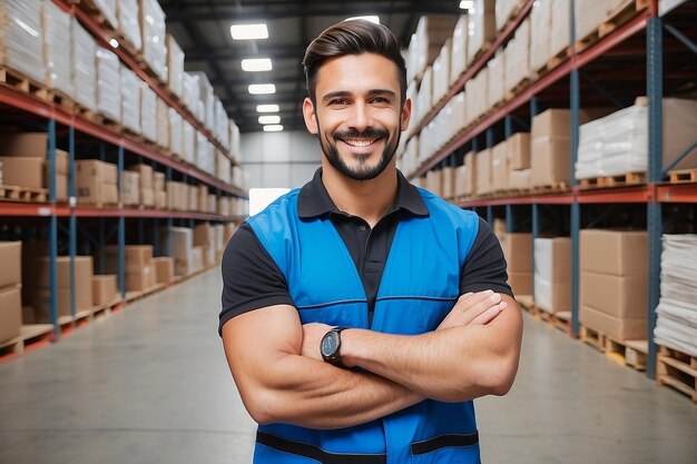 Foto retrato sonriente de un supervisor masculino de pie en el almacén con el brazo cruzado