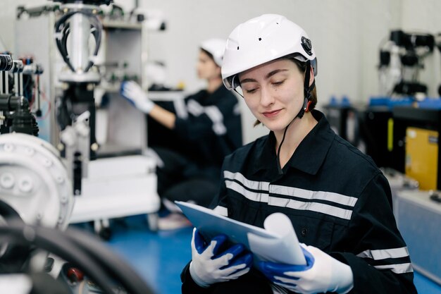 Foto retrato sonriente de una técnica que revisa y repara la máquina