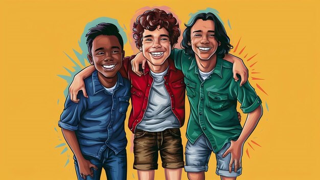 Foto retrato sonriente de tres jóvenes amigos de pie contra un fondo amarillo