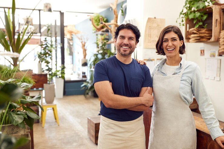 Foto retrato de sonrientes asistentes de ventas masculinos y femeninos de pie junto al mostrador de ventas de la tienda de flores