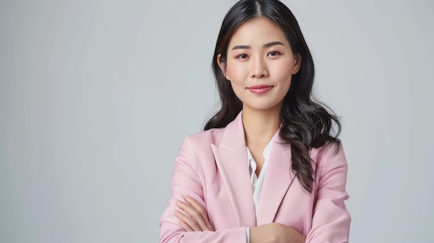 Retrato sonrisa confiada diseñadora de negocios asiática mujer traje rosa oficina