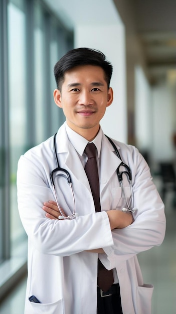 retrato sonrisa y hombre asiático médico con los brazos cruzados en el hospital con estetoscopio para consultar en