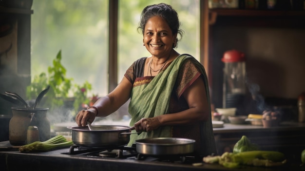 retrato sonrisa mujer india madura en el vestido tradicional cocinando en la cocina