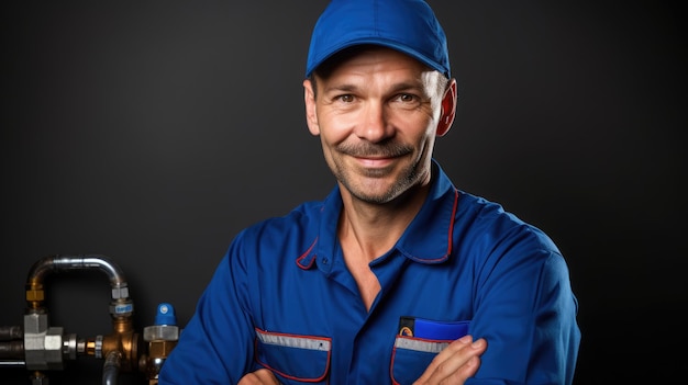 Foto retrato sorridente de confiante e bonito mestre de encanamento em uniforme em um fundo preto de ia