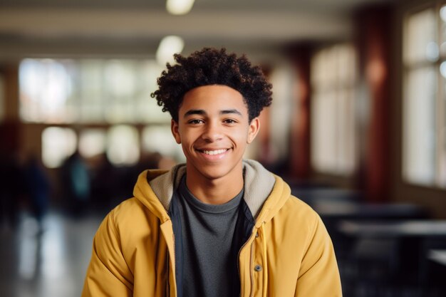 Foto retrato sorridente de um jovem estudante afro-americano em uma escola secundária olhando para a câmera