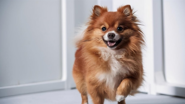 Retrato de un spitz de Pomerania roja de pie en sus patas traseras aislado sobre un fondo blanco