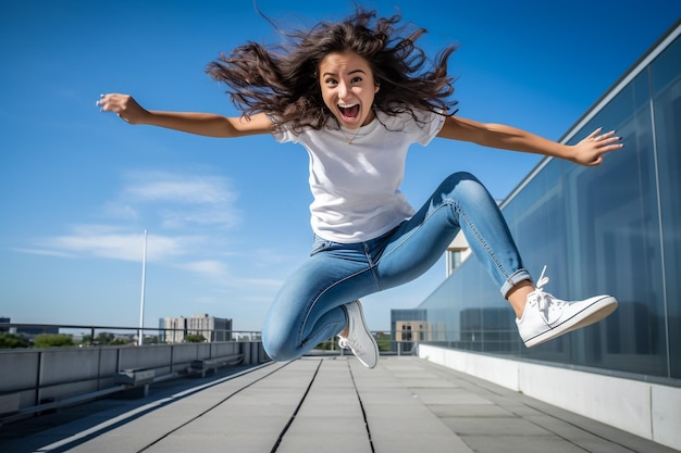 Foto el retrato de su cuerpo en todo su tamaño. es una chica agradable, encantadora, atractiva, alegre, alegre y extasiada.