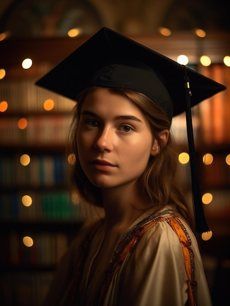 Retrato suave e sensual de uma jovem no copo de formatura linda garota fotografada com luzes bokeh âmbar ba