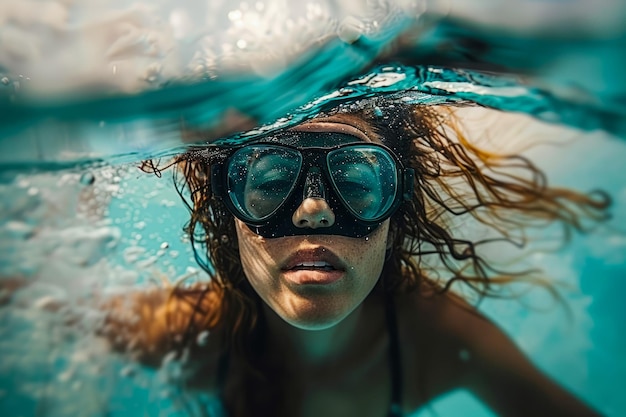 Retrato subaquático de uma jovem com óculos de proteção desfrutando do verão em uma piscina refrescante