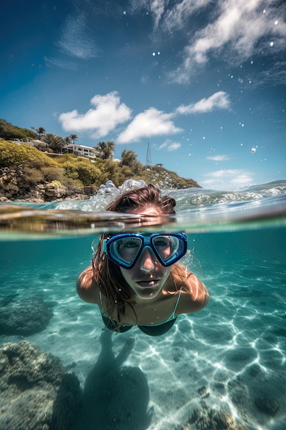 Foto retrato subaquático de uma mulher mergulhando em um mar tropical