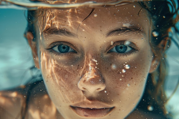 Retrato submarino de una joven y hermosa chica de cerca