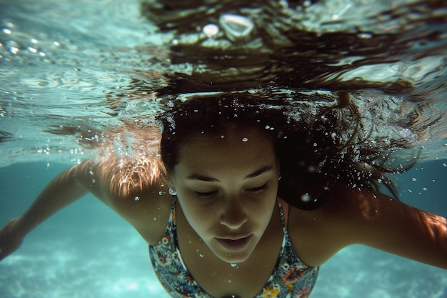 Retrato submarino de una joven nadadora generado con IA