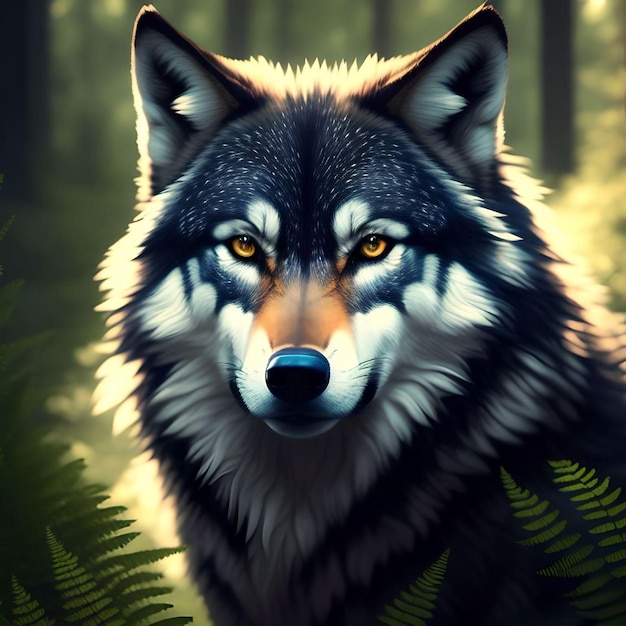 Retrato super realista de um lobo com samambaias na ilustração animal da floresta