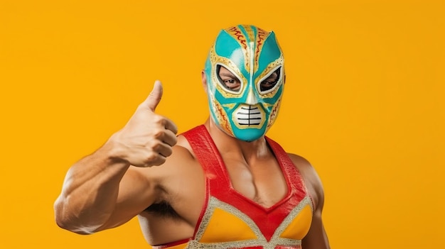 Foto retrato de un superhéroe de máscara de lucha libre de lucha libre sobre un fondo amarillo ia generativa