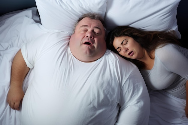 Retrato superior de un hombre con sobrepeso que ronca fuerte mientras duerme junto a su esposa gorda en su dormitorio