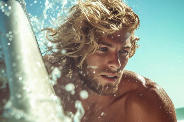 Retrato de un surfista con cabello rizado y barba en las salpicaduras de una ola que se rompe temprano