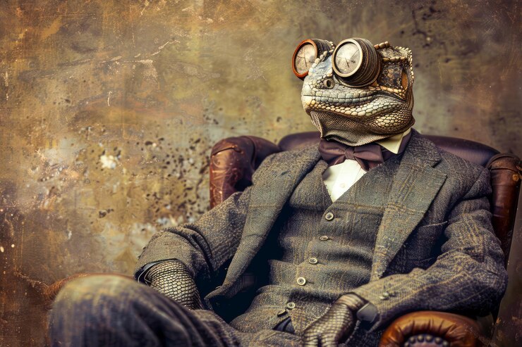 Foto retrato surreal de um sapo elegante em terno vintage sentado em uma poltrona com textura artística