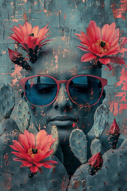 Retrato surrealista con cactus y collage de arte de flores