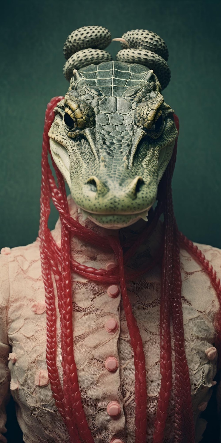 Foto retrato surrealista de crocodilo com trajes intrincados e elementos fiberpunk