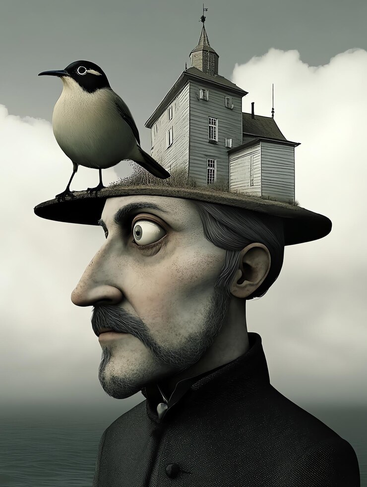 Foto retrato surrealista de homem com pássaro e casa em chapéu ilustrando imaginação criativa e fantasia