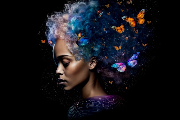 Retrato surrealista de uma jovem com cabelo galáctico e asas de borboleta