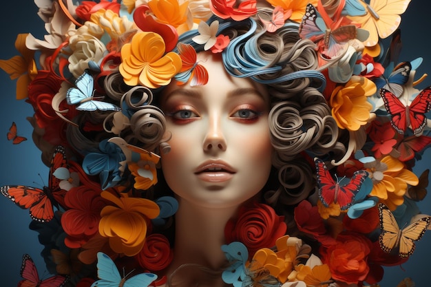 Retrato surrealista de uma mulher com borboletas no cabelo Foto abstrato em estilo de colagem de arte pop Generative Ai