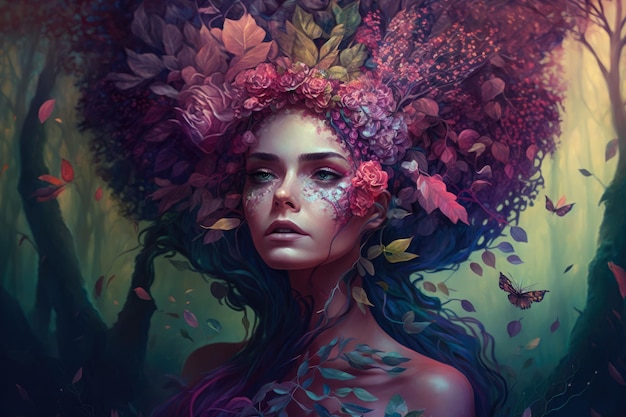 Retrato surrealista de uma mulher com um tocado floral em uma floresta de sonho